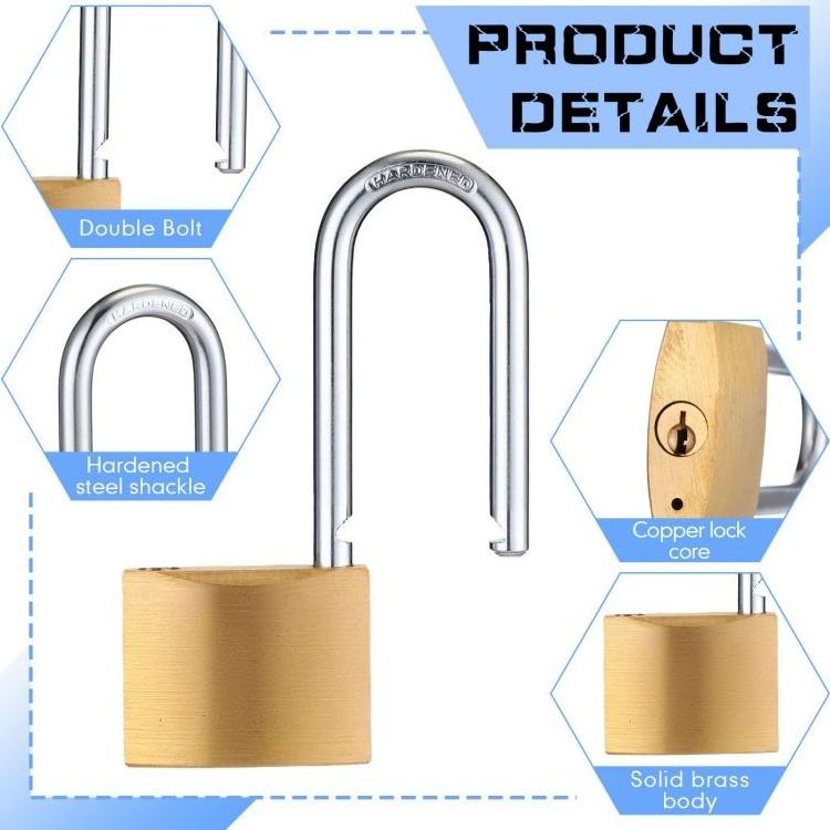 Solid brass padlock with key for sheds, storage units, school gym lockers, fences, tool boxes, buckle storage