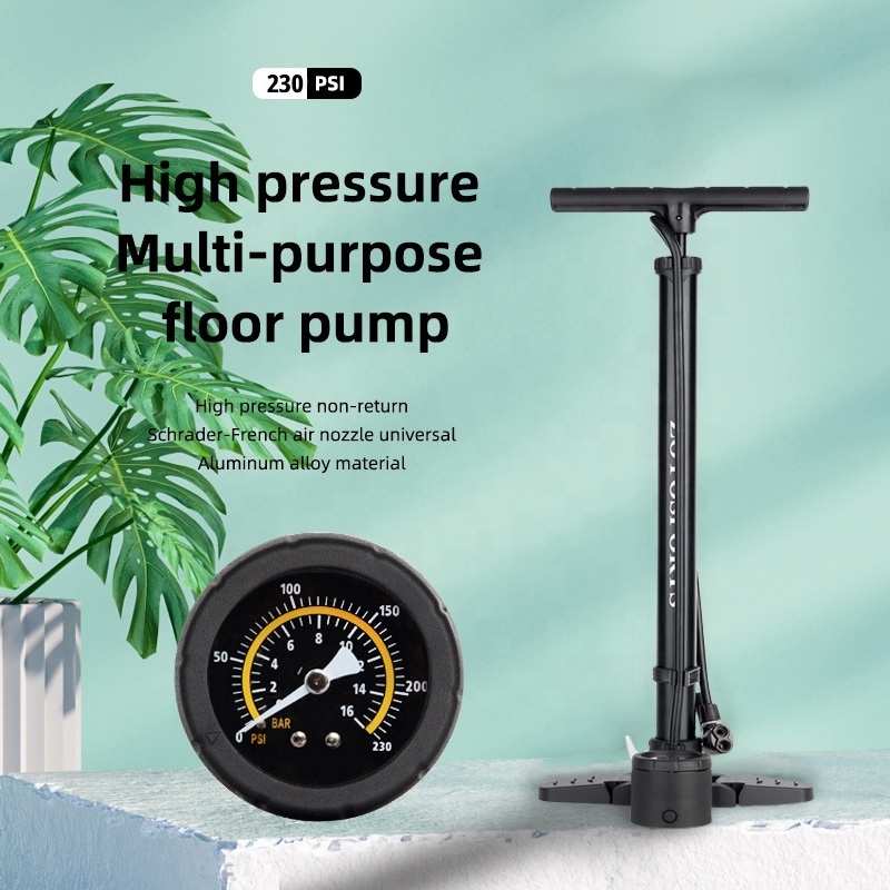 Portable 42CM Alloy Short Dimension Road Bike Bicycle Floor Pump 230PSI High Pressure Multi-purpose Ball Inflator with Barometer