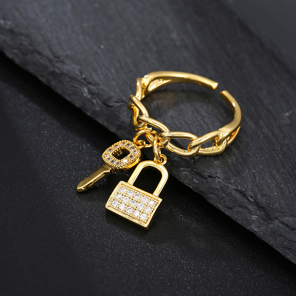 Classic fashion personality key with lock opening adjustable ring 18K gold plated women finger jewelry zircon chain ring