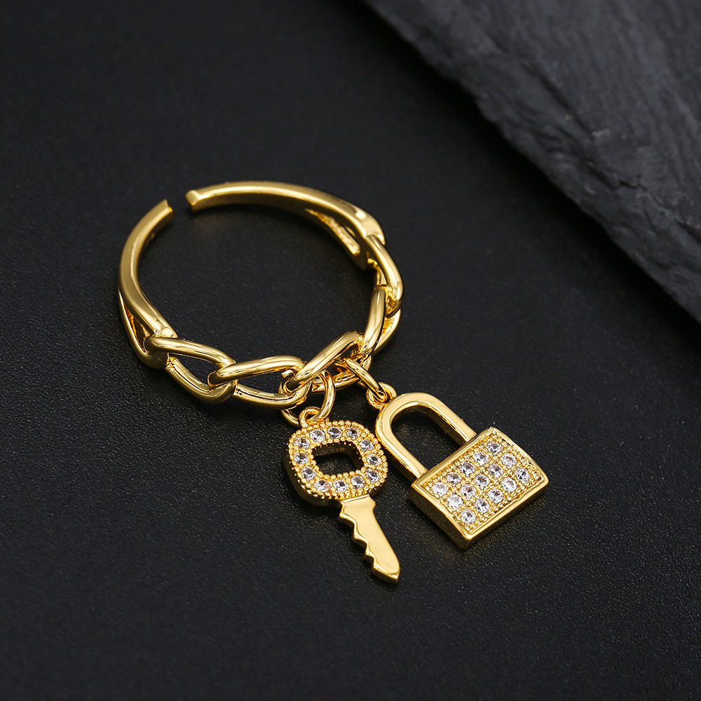 Classic fashion personality key with lock opening adjustable ring 18K gold plated women finger jewelry zircon chain ring