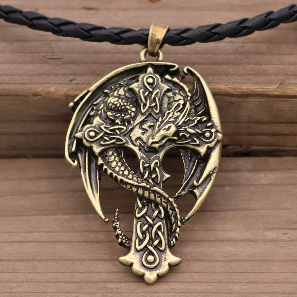 Popular Celtic Dragon Pendant men's Cross Necklace religious guardian dragon wing jewelry factory direct sales