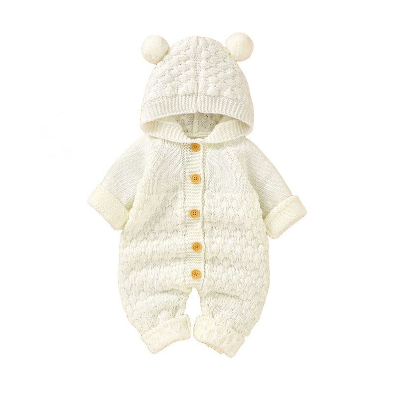 Hot selling winter cotton baby clothing children fur ball hooded solid knitted one piece long sleeve white baby tutu romper