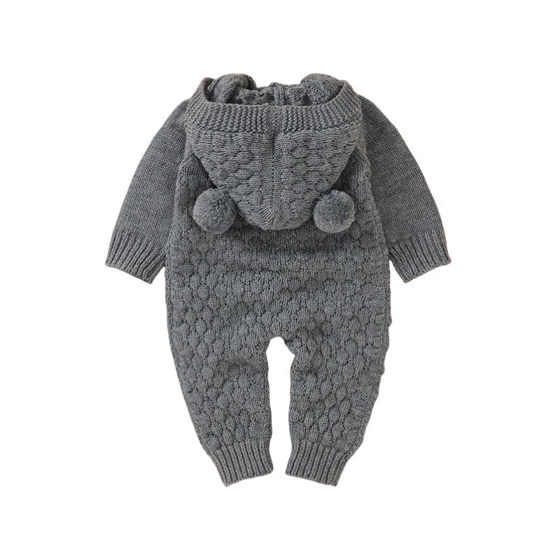 Hot selling winter cotton baby clothing children fur ball hooded solid knitted one piece long sleeve white baby tutu romper