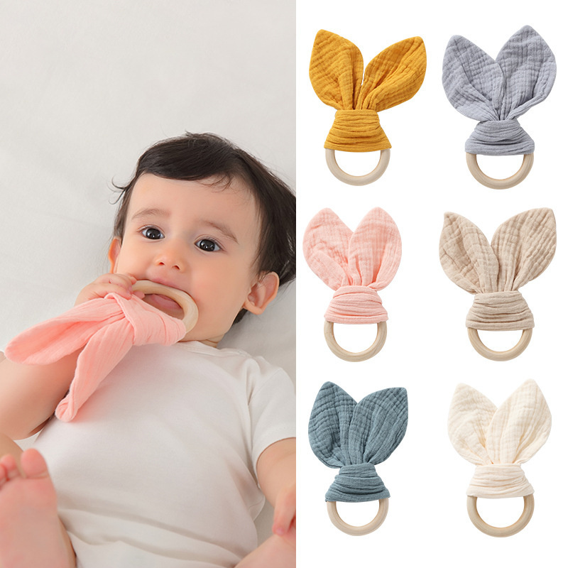 Wholesale muslin cotton baby rabbit ear toys wooden teether toys baby sleeping doll stroller toy