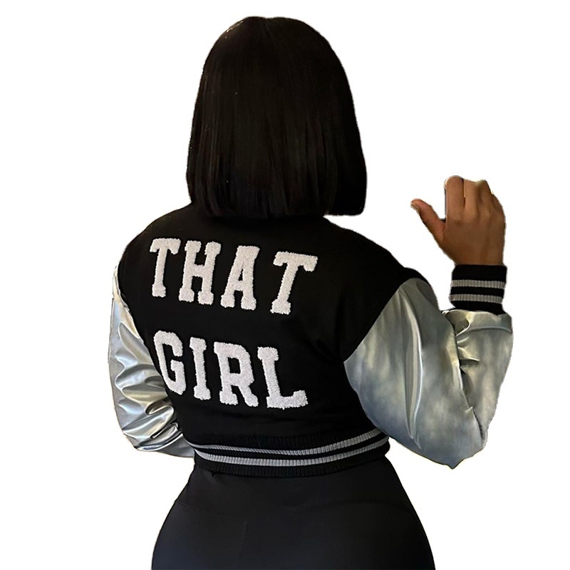 Women embroidery that girl crop baseball varsity jacket with leather sleeves