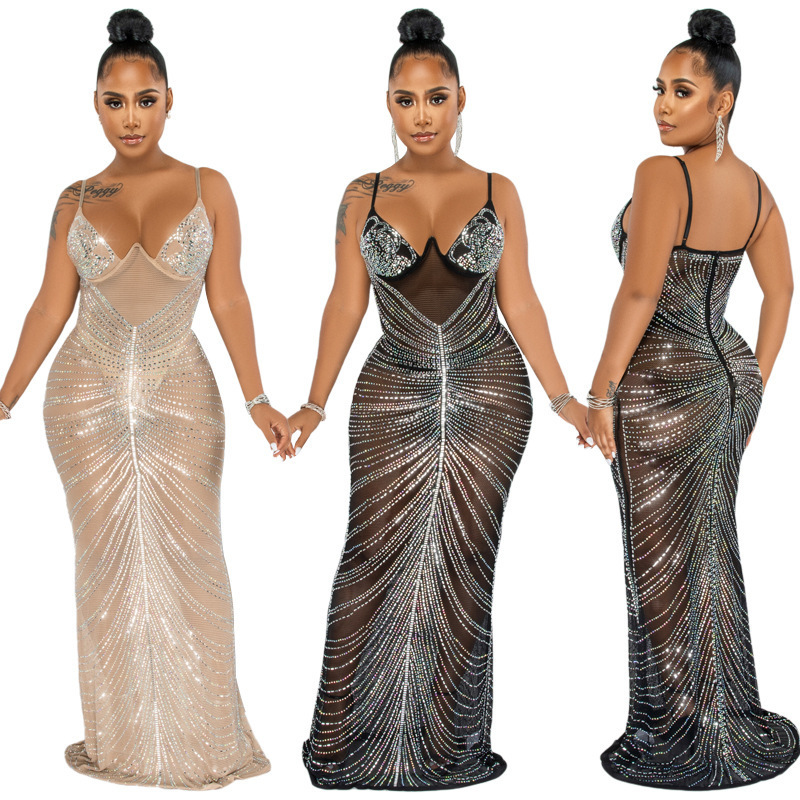 elegant  sleeveless mesh  rhinestone see through maxi party evening dress hot  black and white evening dresses