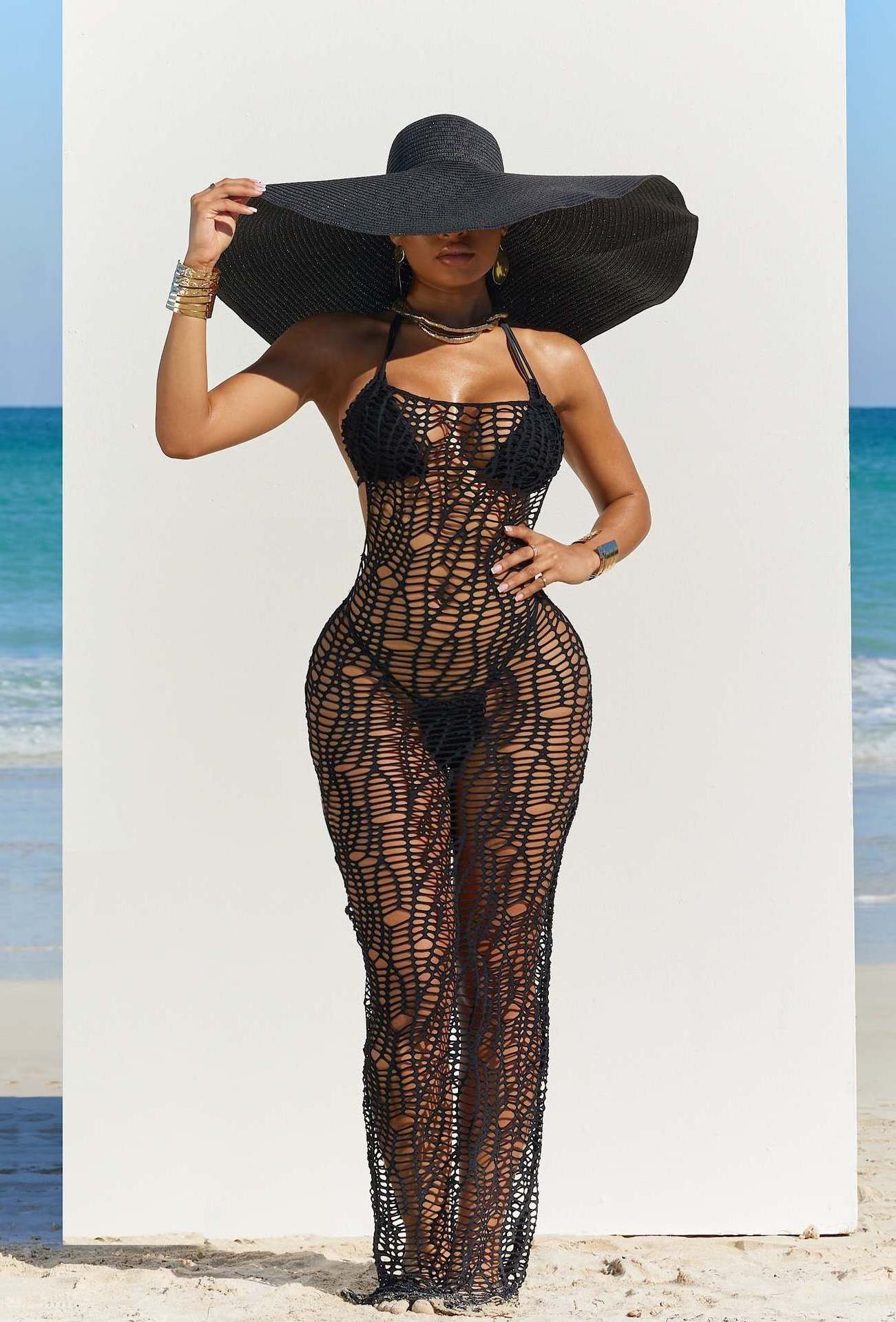 Women sexy halter sleeveless crochet maxi long dress backless knitted swimwear 3 piece beachwear and cover up sexy