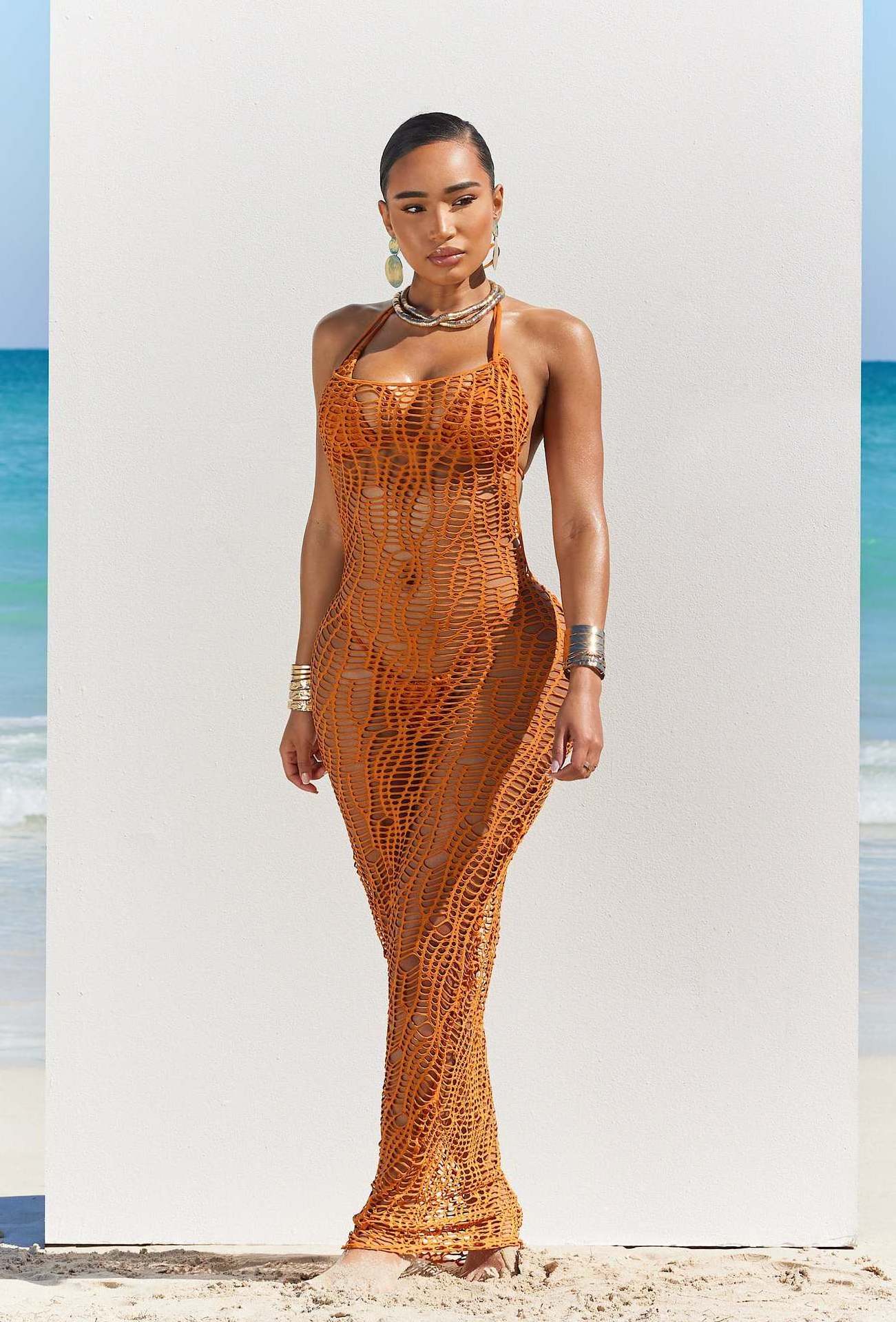 Women sexy halter sleeveless crochet maxi long dress backless knitted swimwear 3 piece beachwear and cover up sexy