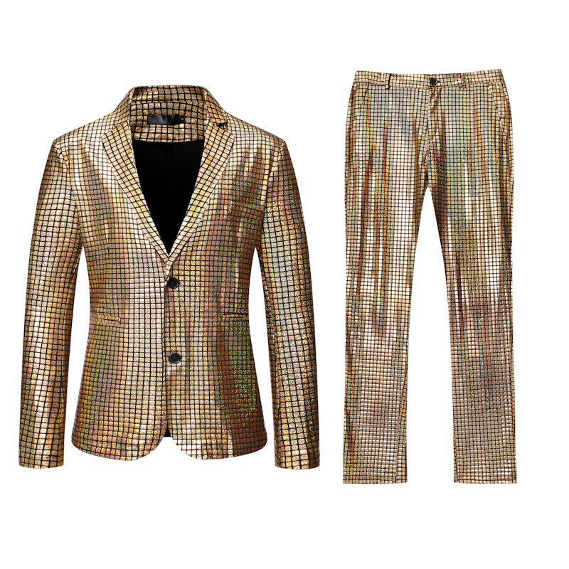 Men's disco costume sequin metallic slim blazer suit and pants with 2 piece set for disco party outfit