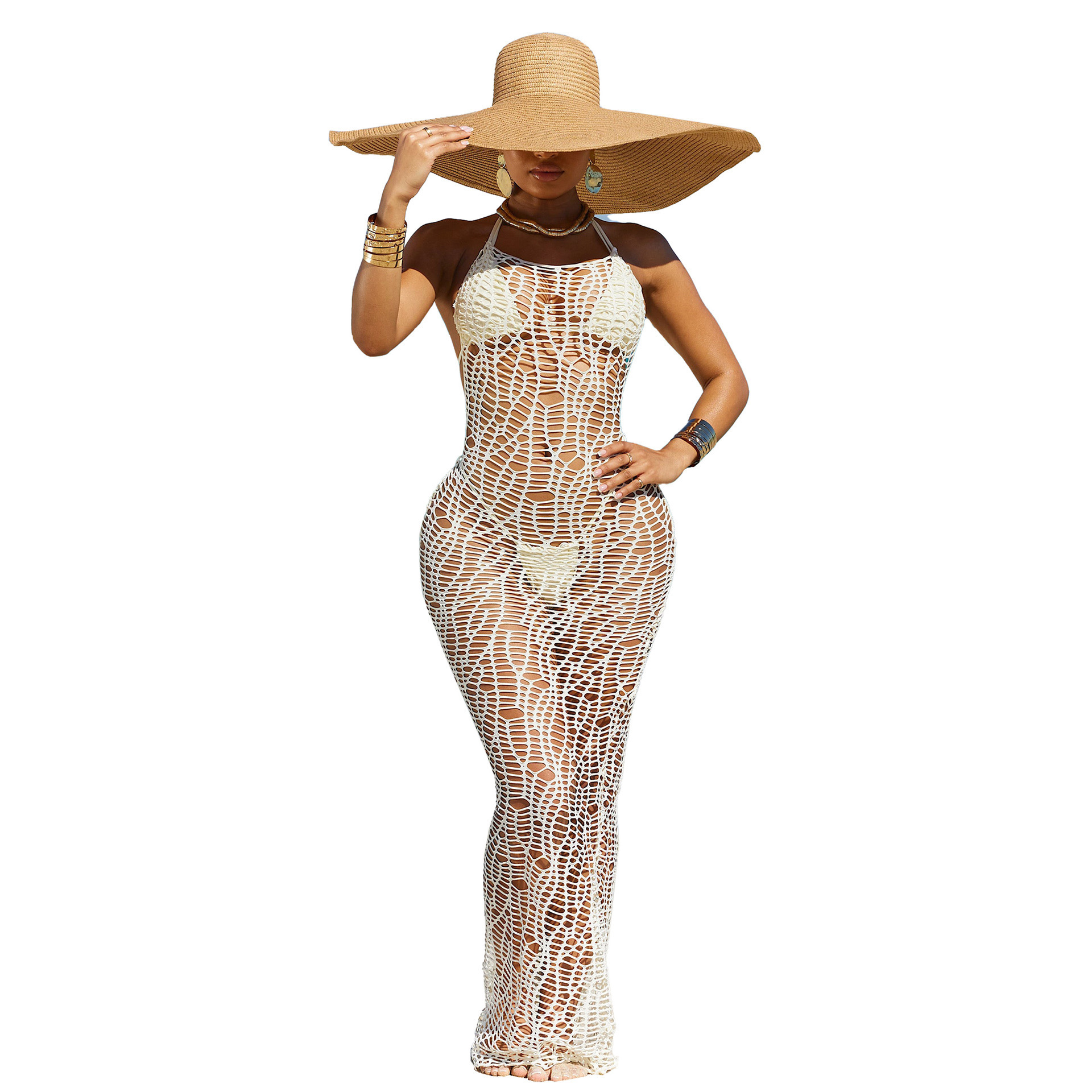 Women sexy halter sleeveless crochet maxi long dress backless knitted swimwear 3 piece beachwear and cover up sexy