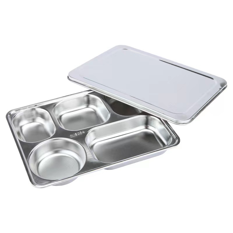 Stainless steel rectangular divided children's dinner plate 5-compartment metal dinner plate 4-compartment hospital food tray