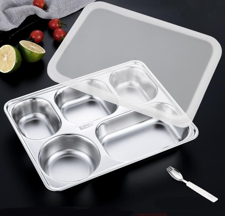 Stainless steel rectangular divided children's dinner plate 5-compartment metal dinner plate 4-compartment hospital food tray