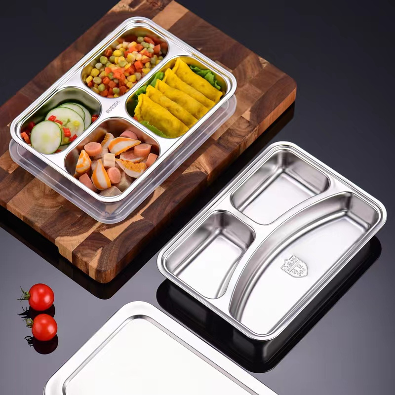 Stainless steel rectangular divided children's dinner plate 5-compartment metal dinner plate 4-compartment hospital food tray