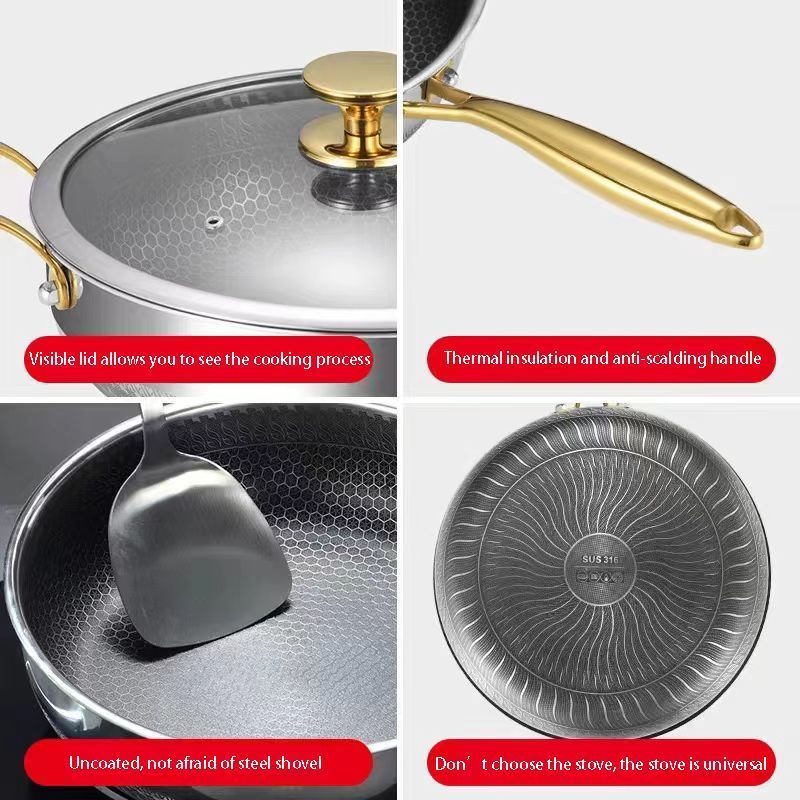 Frying pan 316 stainless steel wok double-sided honeycomb frying pan home kitchen non-stick cookware with lid