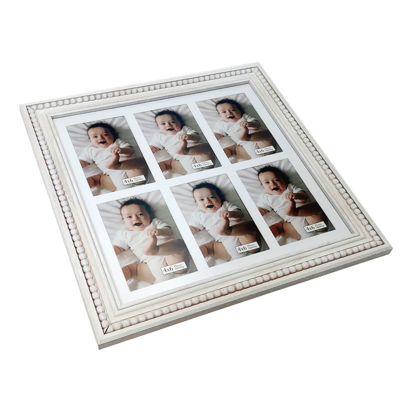 Wholesale Solid Wood Bead Picture Frame White, Display Six 4x6 Pictures Wooden Photo Frame Collage for Family Home Wall Decor