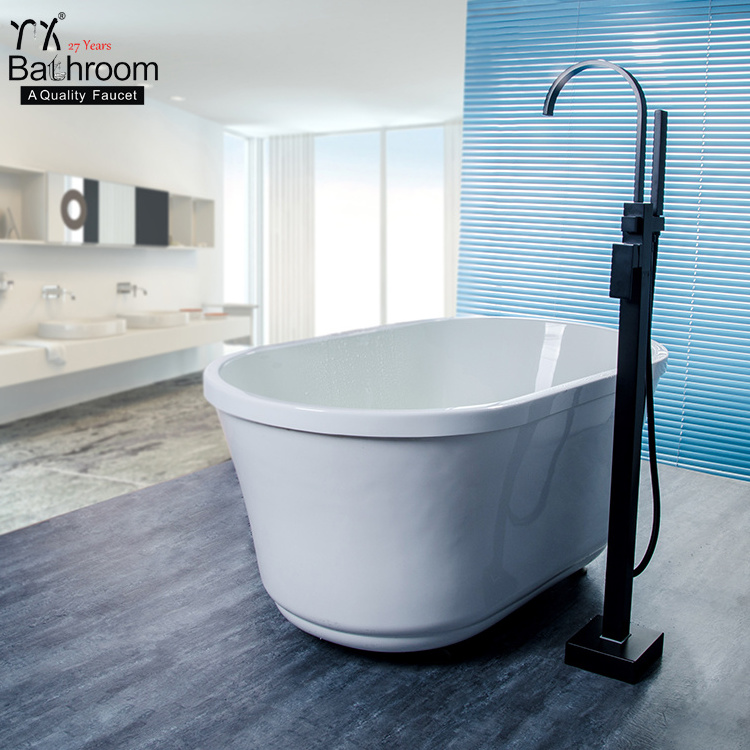 Matte black Floor standing copper bathtub shower faucet set