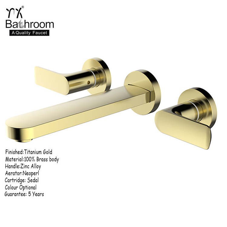 YX Bathroom Contemporary Wall Mounted two handle Titanium Gold Straight square column wash face basin faucet