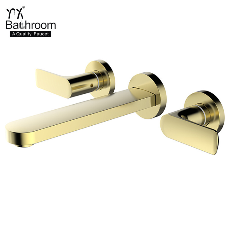 YX Bathroom Contemporary Wall Mounted two handle Titanium Gold Straight square column wash face basin faucet