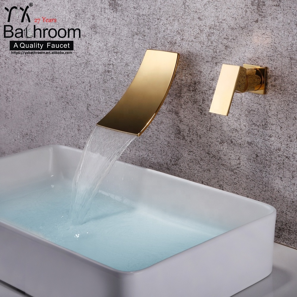 KaiPing Titanium Gold color 100% Brass Wall Mounted Bathroom Basin Waterfall Faucet Sink Mixer Tap bathroom taps faucet