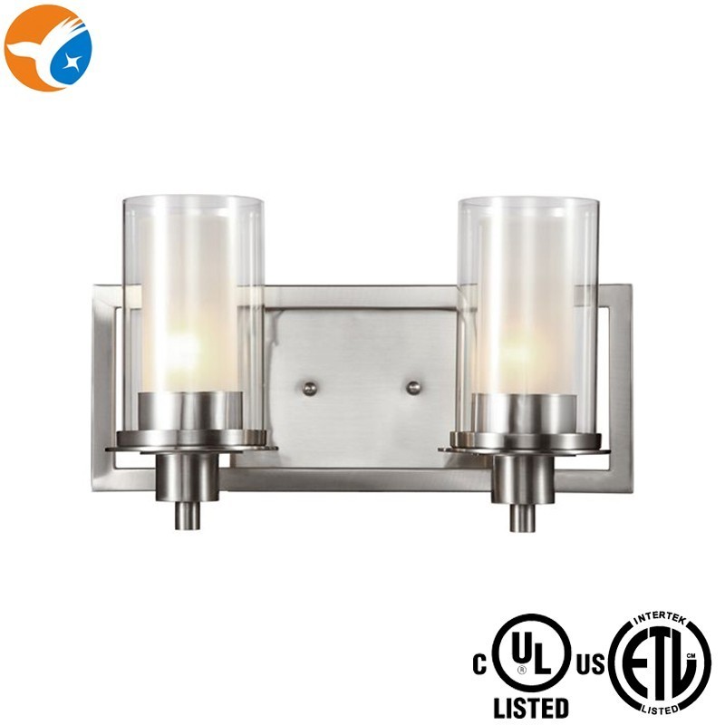 2-Light lighting fixtures Clear & Frosted Glass Brushed Nickel Bathroom Vanity Wall Lights hotel Sconce with ETL Listed