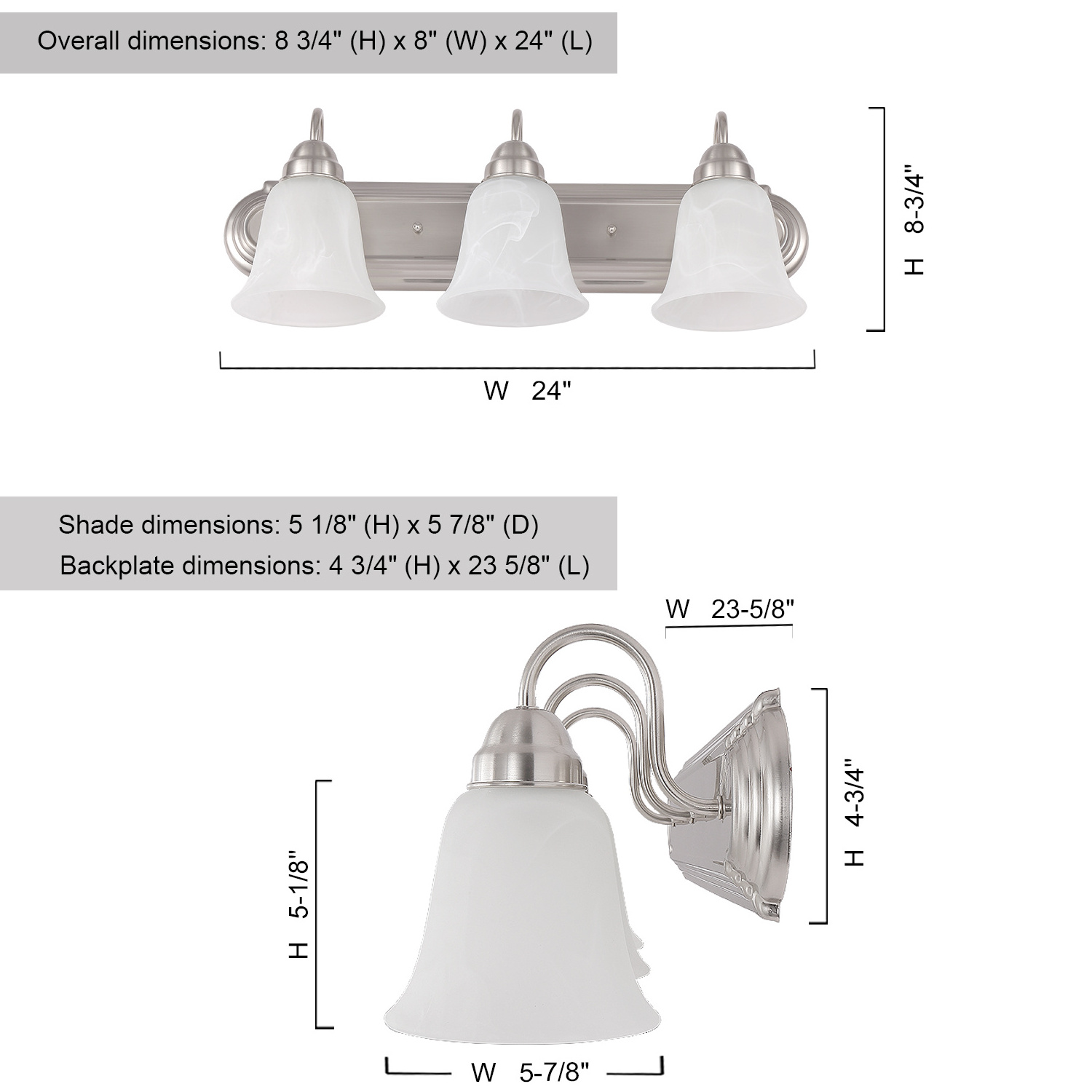 modern wall mount 3 Bulb E26 Vanity Light Bathroom Fixtures, Brushed Nickel, Alabaster Glass, UL Listed