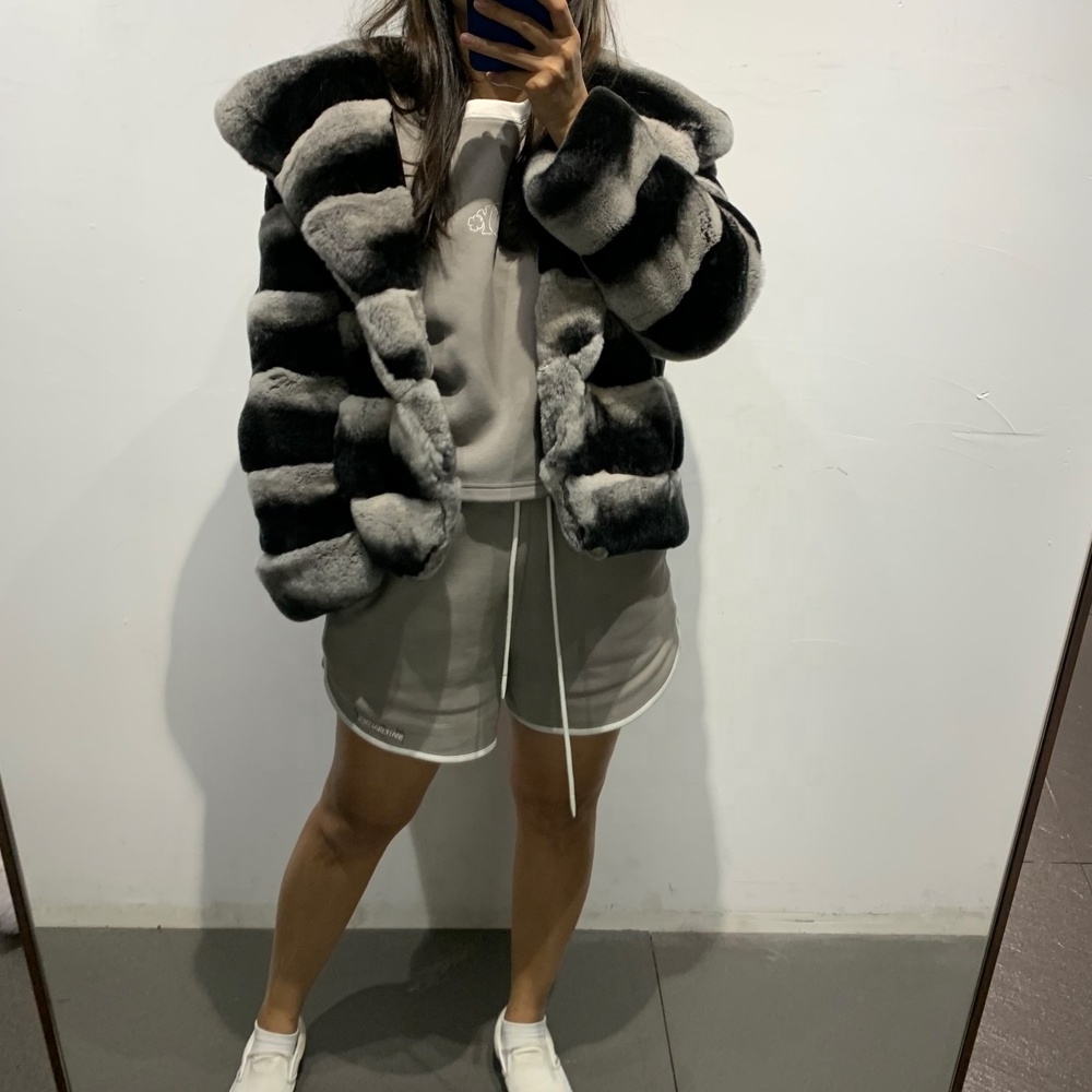 Chinchilla Rabbit Jacket Hooded Dyed Chinchila Coat Long Sleeve Lady Rabbit Fur Gilet Ladies Jacket