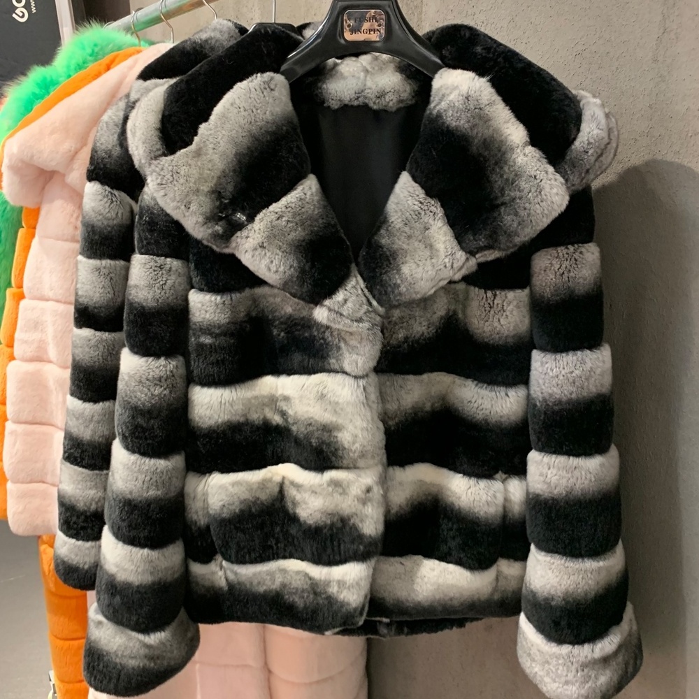 Chinchilla Rabbit Jacket Hooded Dyed Chinchila Coat Long Sleeve Lady Rabbit Fur Gilet Ladies Jacket