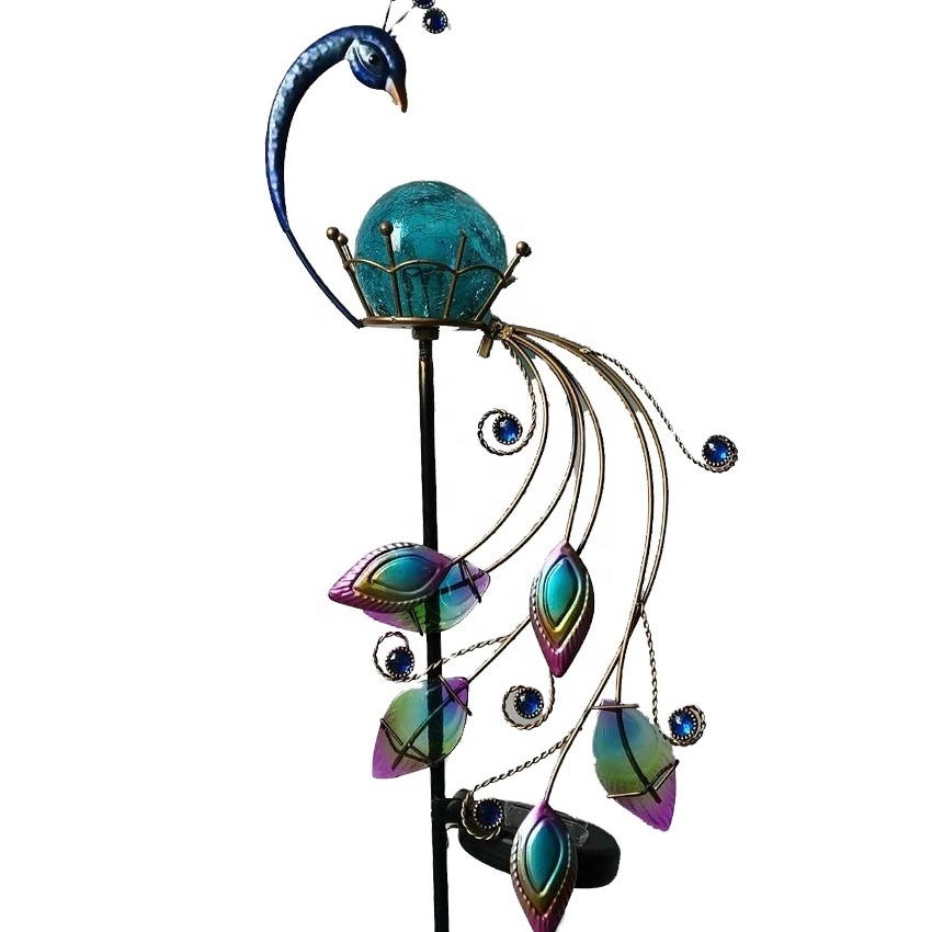 Outdoor Metal Animal Iron Peacock Shape LED Solar Garden Stake Light For Pathway Lawn