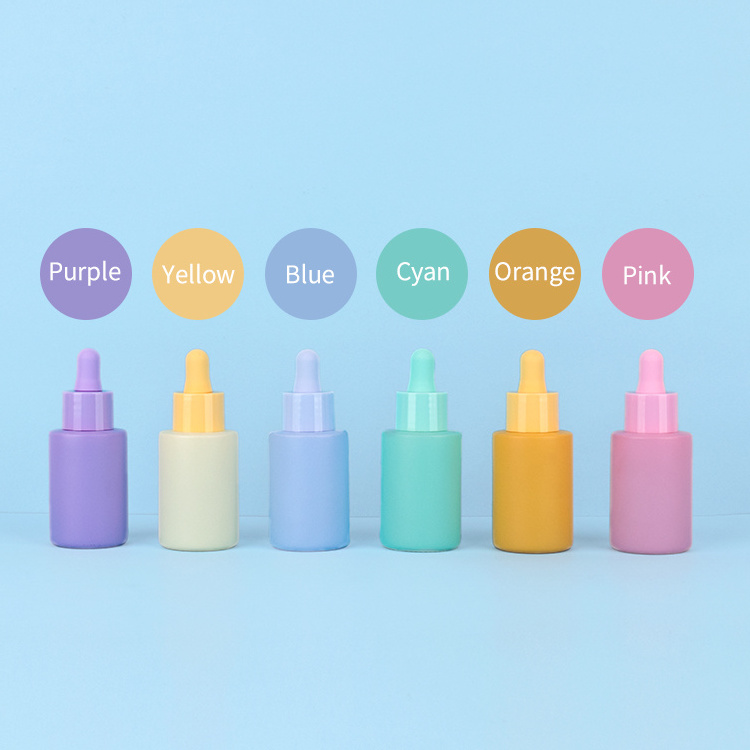 Rainbow color flat shoulder cylinder glass bottle with white pump spray dropper oil bottle