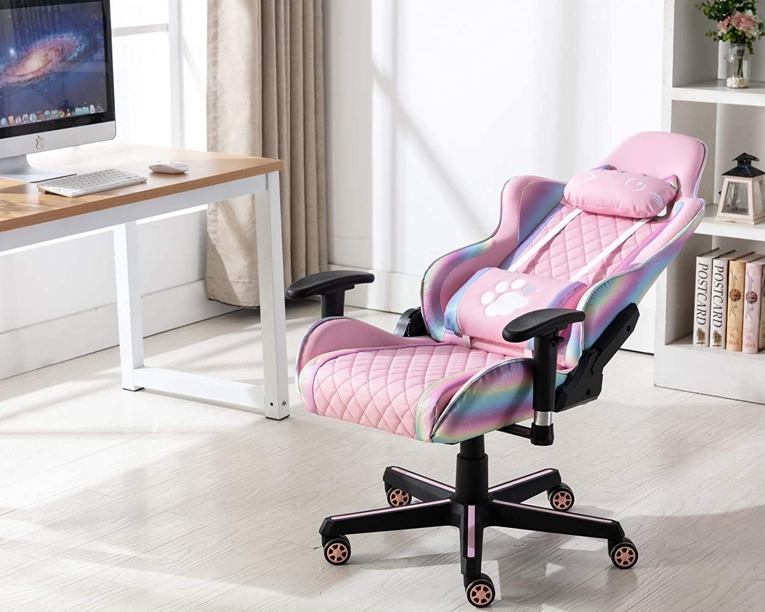 2024 New Cute Pink Gaming Chair Computer Racing Game Chair with Cat Headrest and Lumbar Pillow