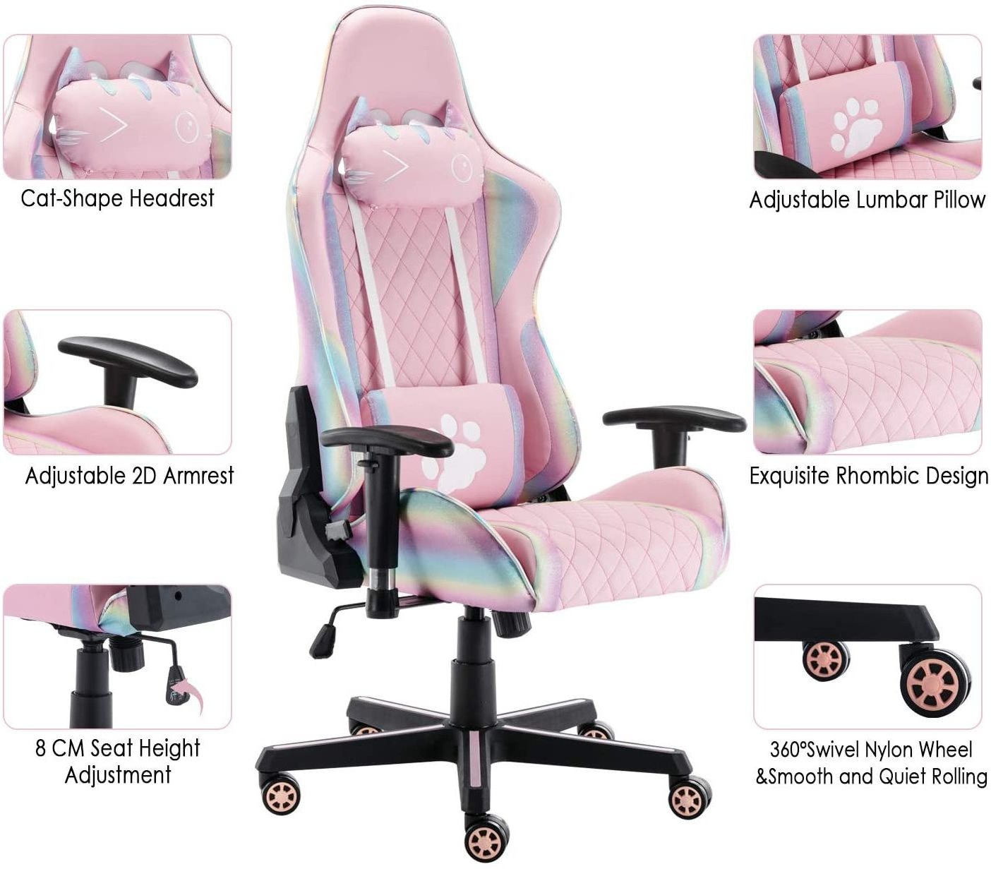 Modern gaming chair Pink cute chair with cat design headrest