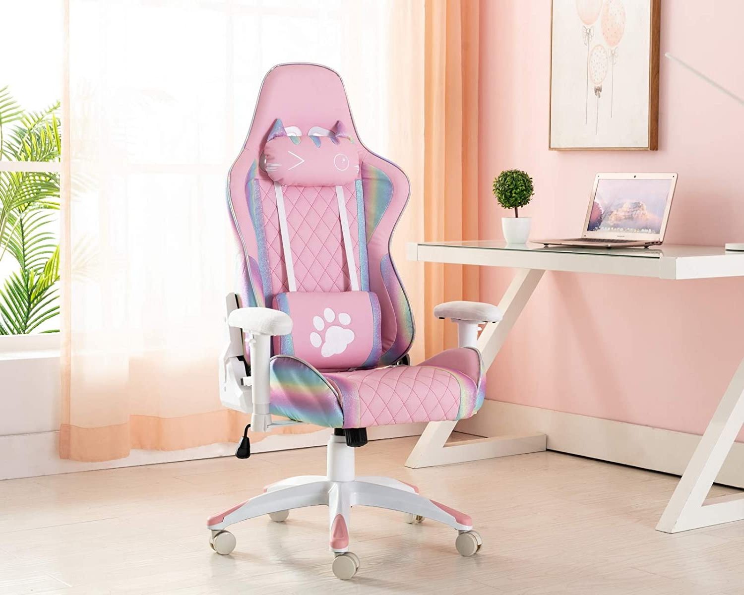 2024 New Cute Pink Gaming Chair Computer Racing Game Chair with Cat Headrest and Lumbar Pillow