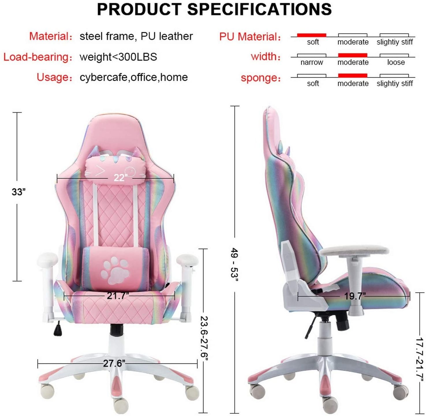 2024 New Cute Pink Gaming Chair Computer Racing Game Chair with Cat Headrest and Lumbar Pillow