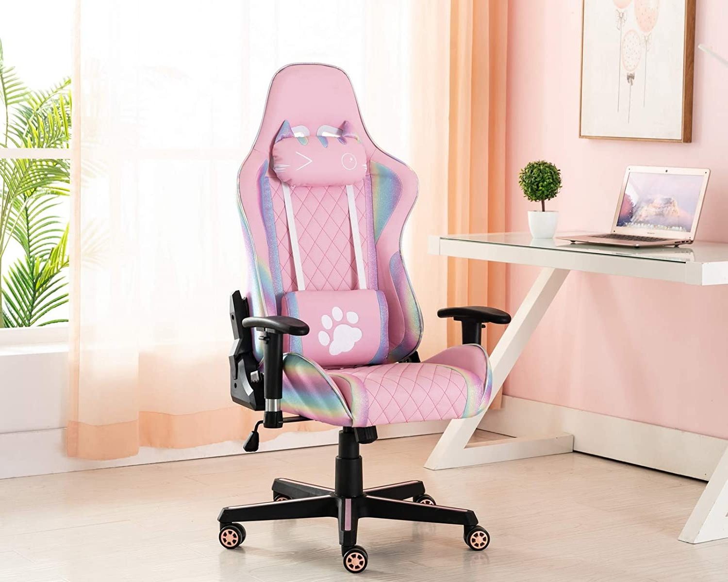 Modern gaming chair Pink cute chair with cat design headrest