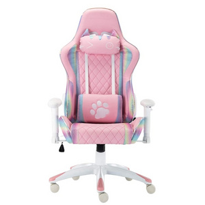 2024 New Cute Pink Gaming Chair Computer Racing Game Chair with Cat Headrest and Lumbar Pillow