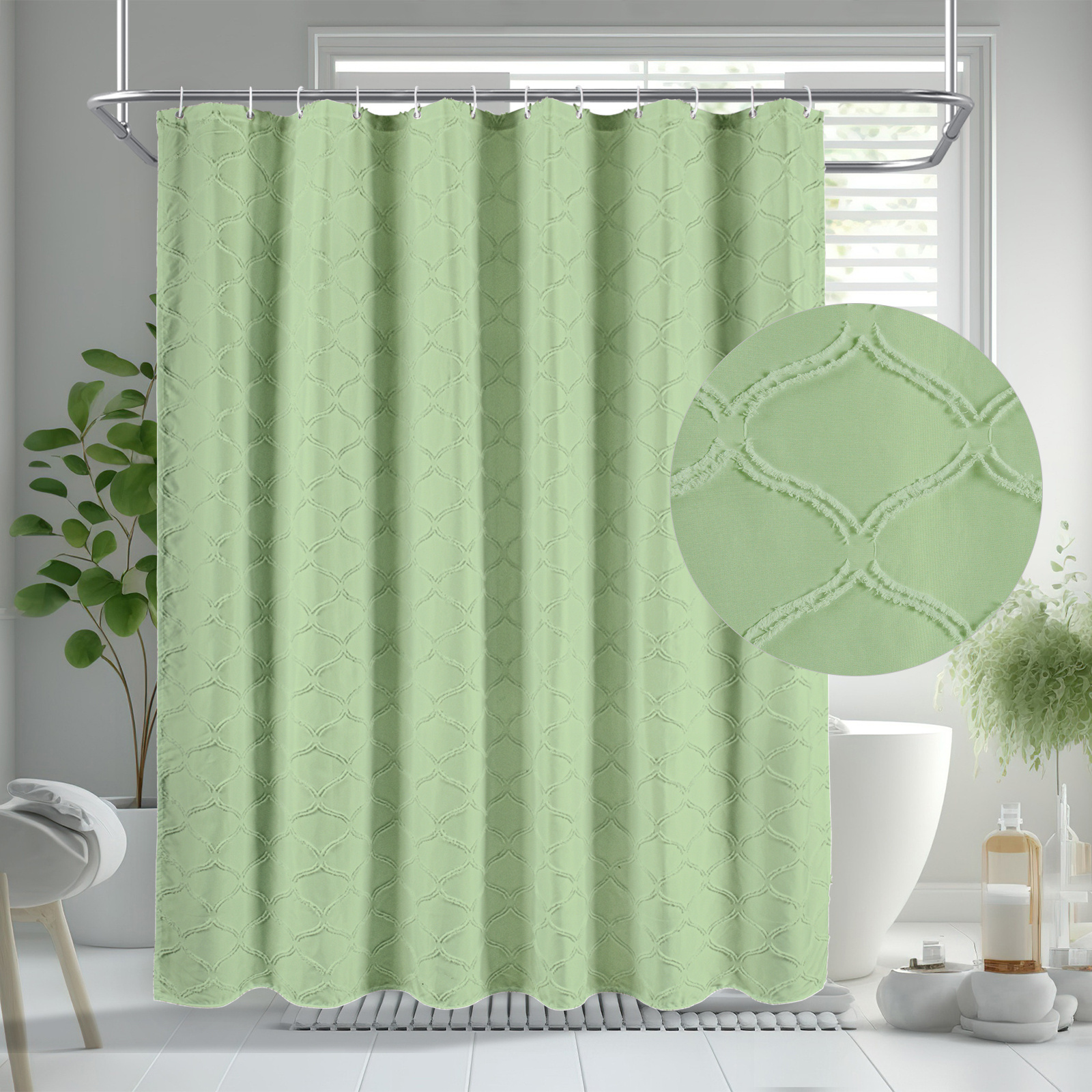 Sage Green Boho Fabric Shower Curtain with Tufted, Modern Farmhouse Cloth Shower Curtains for Luxury Bathroom Decor