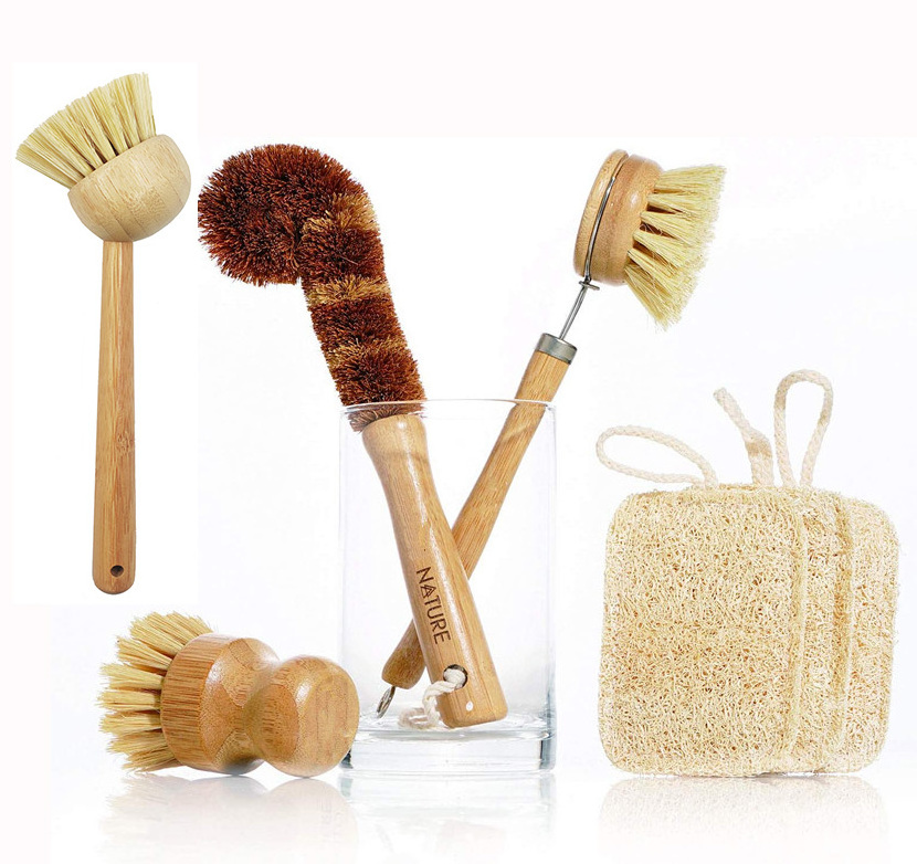 A 2024 Newest AA household washing dish pot scrub brush 5 pieces wood bamboo kitchen cleaning brush set for home