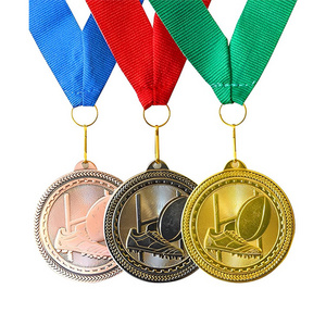 Promotional High Quality Antique Nickel 3d Rugby Trophy Blank Sports Medal With Ribbon