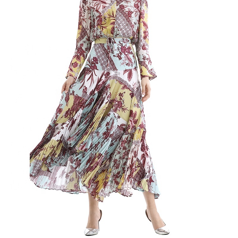 S069 Women Retro print panelled asymmetric pleated ruffle long flare skirt