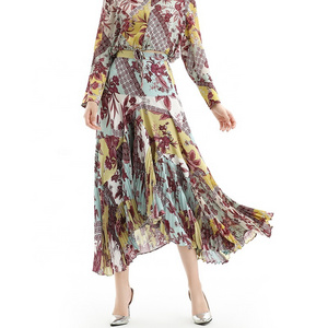 S069 Women Retro print panelled asymmetric pleated ruffle long flare skirt