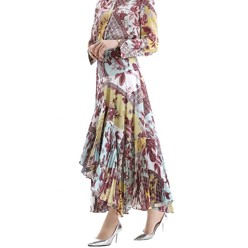 S069 Women Retro print panelled asymmetric pleated ruffle long flare skirt