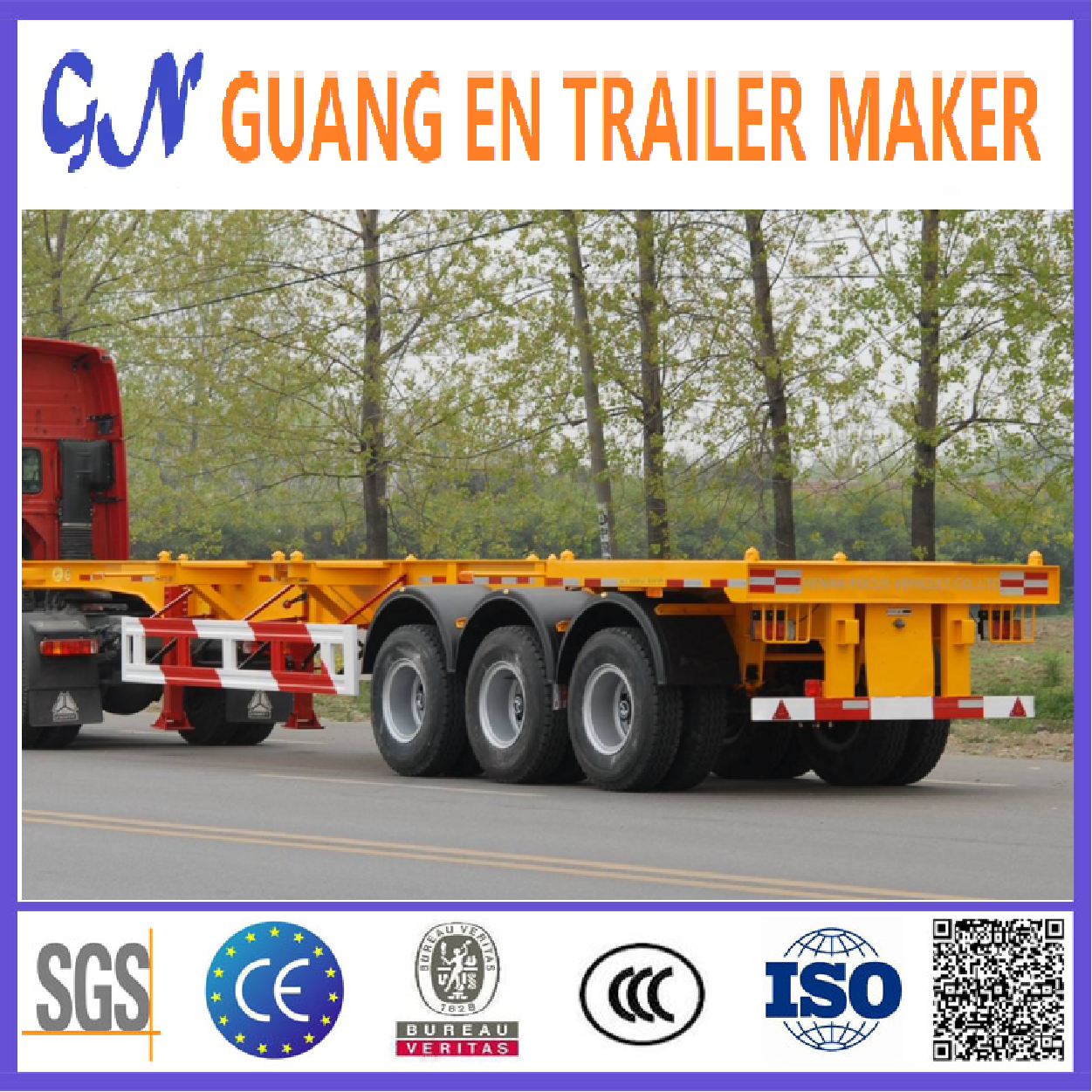 China Best Selling Guang En Brand New 3 Axles Container Skeleton Semi Trailer 20ft 40 ft skeleton container trailer truck