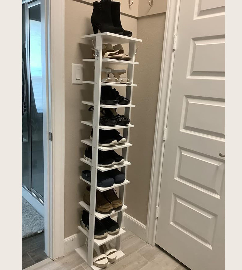 Wooden 10-Tier Slim Vertical Corner Shoe Rack Tower Organizer with Two Hanging Hooks