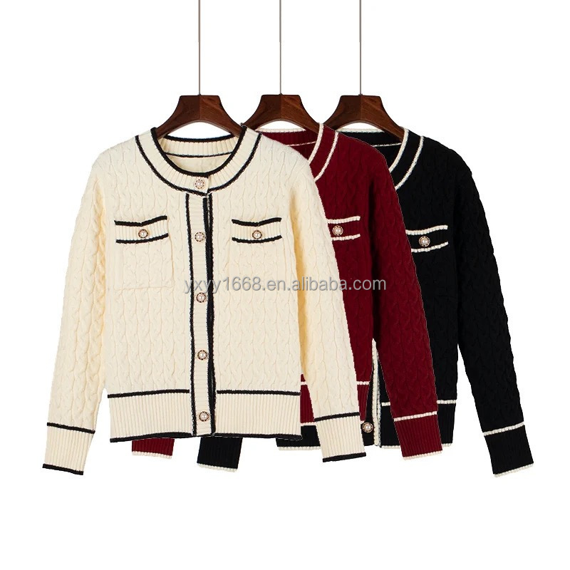 Women's Fashion Knitted Jacquard Loose Fit Women's Cardigan Sweater with Pockets Women's Knitted Casual Cardigan