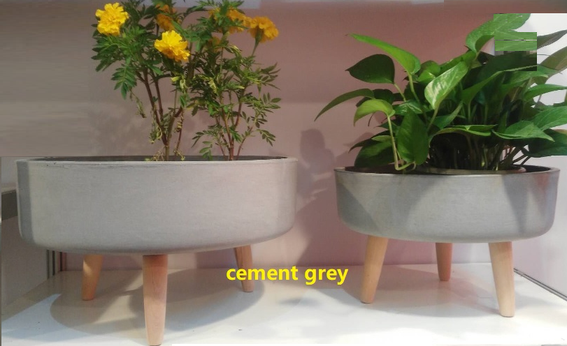 Round  concrete  bowl flower pot with wooden feet  for green plant