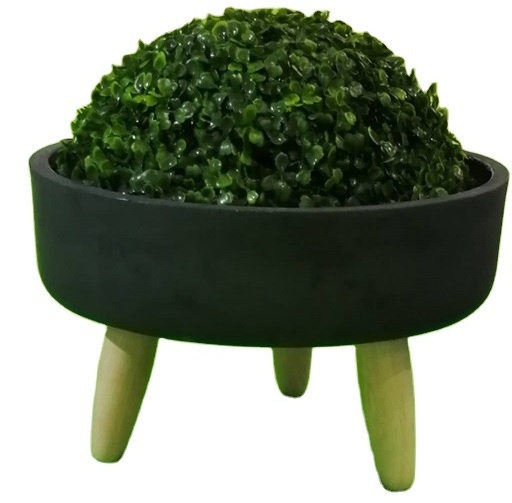 Round  concrete  bowl flower pot with wooden feet  for green plant