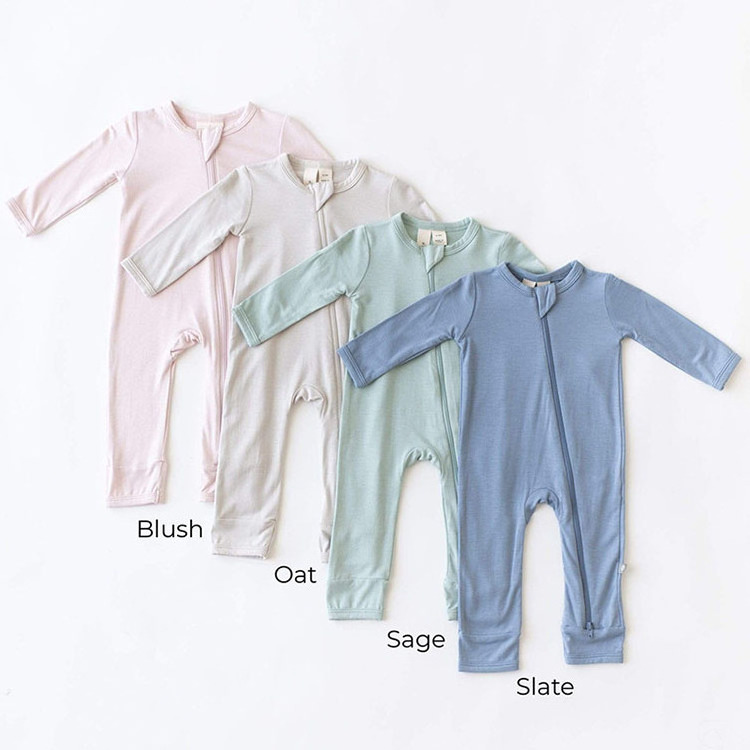 Wholesale Unisex Baby Clothes Solid Color Long Sleeve Zipper Baby Bamboo Fiber Romper