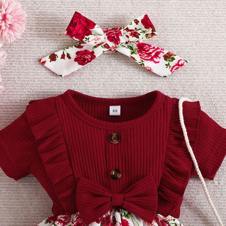 Newborn Short Sleeve Flower Cotton Dresses Cute Bow Sleeve Romper Dress Princess Baby Girl Dress