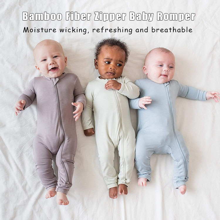 Wholesale Unisex Baby Clothes Solid Color Long Sleeve Zipper Baby Bamboo Fiber Romper