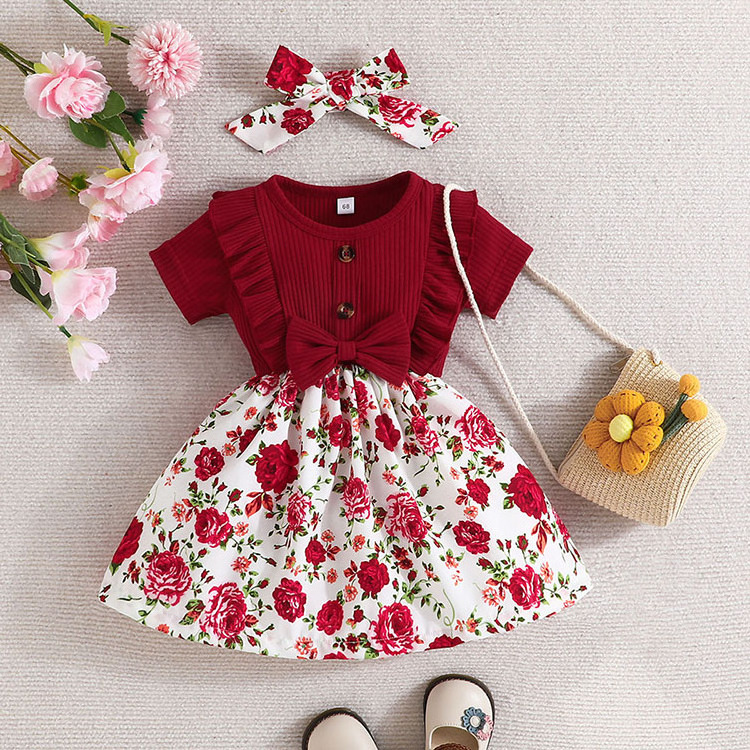 Newborn Short Sleeve Flower Cotton Dresses Cute Bow Sleeve Romper Dress Princess Baby Girl Dress